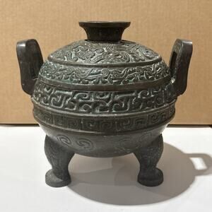 James Mont Style Asian Tripod Ice Bucket Cast Metal Patina Barware Vintage